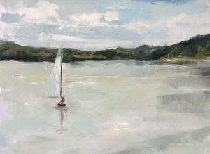 single sailboat on calm lake